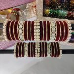Premium Maroon Velvet bangle Set with Golden Kundan, Pearl & Multicolour Stone Work